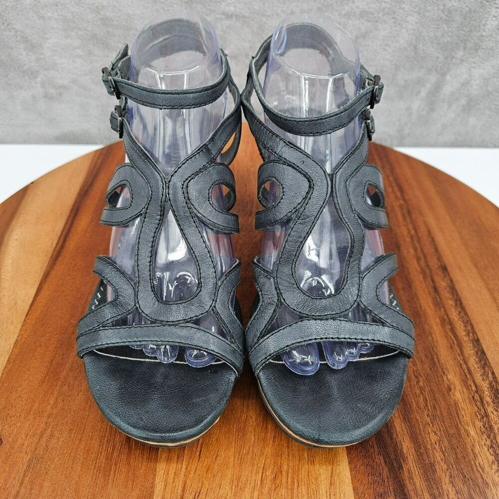 Bussola Saint Tropez Wedges Sandals 40 9.5 Black Graphite Leather Cork Strappy - Picture 6 of 16